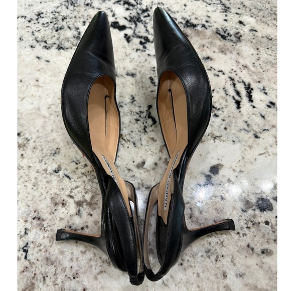 Manolo Blahnik Black Leather Slingback Kitten Heel Pumps Size 37 US 6.5–7 Italy - Picture 10 of 14